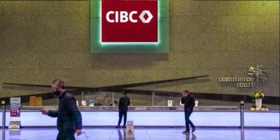 A CIBC logo is displayed the lobby of its headquarters in Toronto on Monday, Oct. 25, 2021.