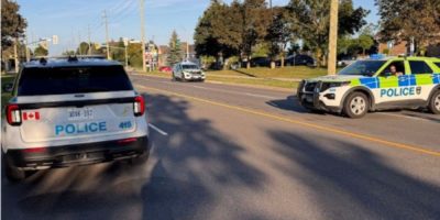 Barrie Police close Mapleview Drive West after two children and a woman were struck by a vehicle on Aug. 21, 2026.