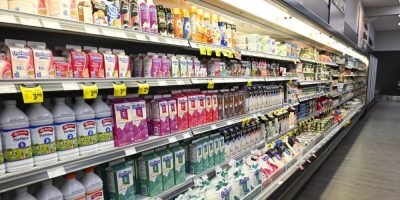Dairy products displayed at a grocery store in Lévis, Quebec, as the U.S. imposes 50 per cent tariffs on Canadian exports.