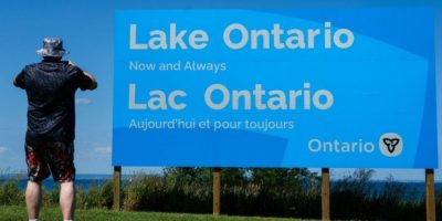 Sign reading “Lake Ontario, now and always” at Fifty Point Conservation Area in Grimsby, Ont.