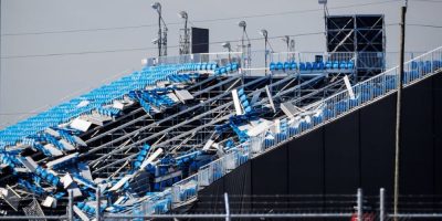 Collapsed seating at Rogers Stadium in Toronto after a major storm damaged the temporary venue.