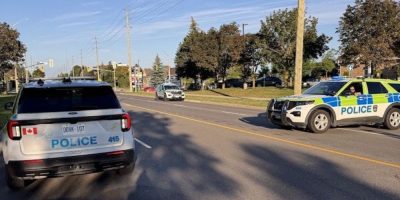 Barrie police at the scene of a collision involving a vehicle and three pedestrians at Mapleview Drive West and Marsellus Drive on Aug. 21, 2026.