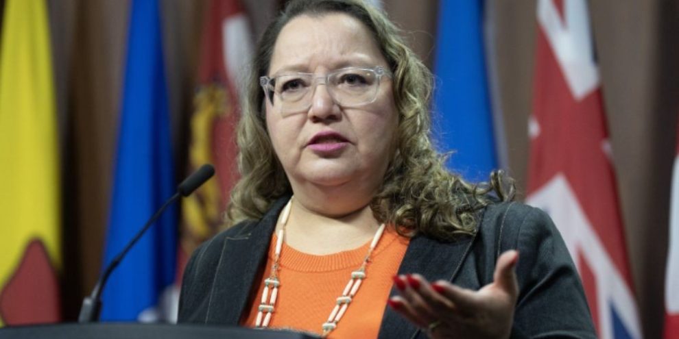 AFN National Chief Cindy Woodhouse Nepinak speaks to reporters on Parliament Hill in Ottawa on Sept. 22, 2026.