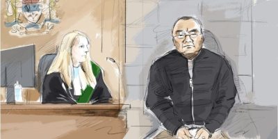 Artist's sketch of Kenneth Law appearing in court in Brampton, Ontario, on May 3, 2023.