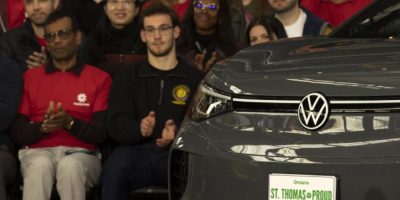 Plans for Volkswagen’s electric vehicle battery plant in St. Thomas, Ont., are announced in April 2023.