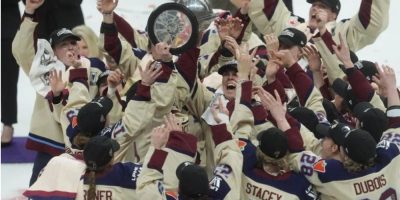 Montreal Victoire players celebrate after winning the PWHL championship in Ottawa on May 20, 2026.