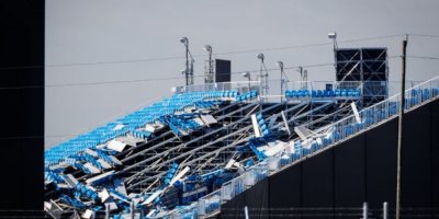 Collapsed stadium seating at Rogers Stadium after a storm in Toronto