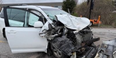 Vehicle involved in the head-on collision on Huronia Road in Barrie on April 28, 2026.