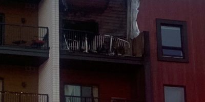 Barrie Fire Service responds to a fourth-floor apartment fire on Chef Lane after a propane explosion Saturday evening.