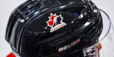 Hockey Canada logo on the helmet of a national junior team player