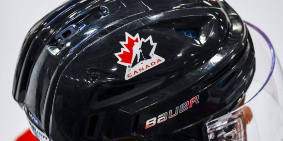 Hockey Canada logo on the helmet of a national junior team player