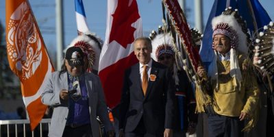 Prime Minister Mark Carney speaks at a National Day for Truth and Reconciliation ceremony at Fort Edmonton Park in Edmonton.