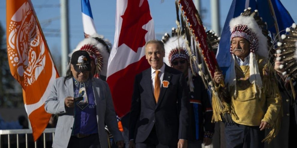 Prime Minister Mark Carney speaks at a National Day for Truth and Reconciliation ceremony at Fort Edmonton Park in Edmonton.