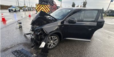 Barrie Police are investigating a two-vehicle collision at Duckworth Street and Bell Farm Road in Barrie on October 13, 2026.