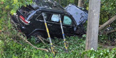Vehicle crashed in a wooded area off Cundles Road West in Barrie on June 30, 2026.