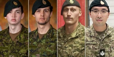 Composite of four Canadian Armed Forces members who died during a training exercise at CFB Wainwright: Pte. Hayden Lykkemark, Pte. Shaun Farrell, Pte. Aidan Goulding and Sgt. Morgan Wong.