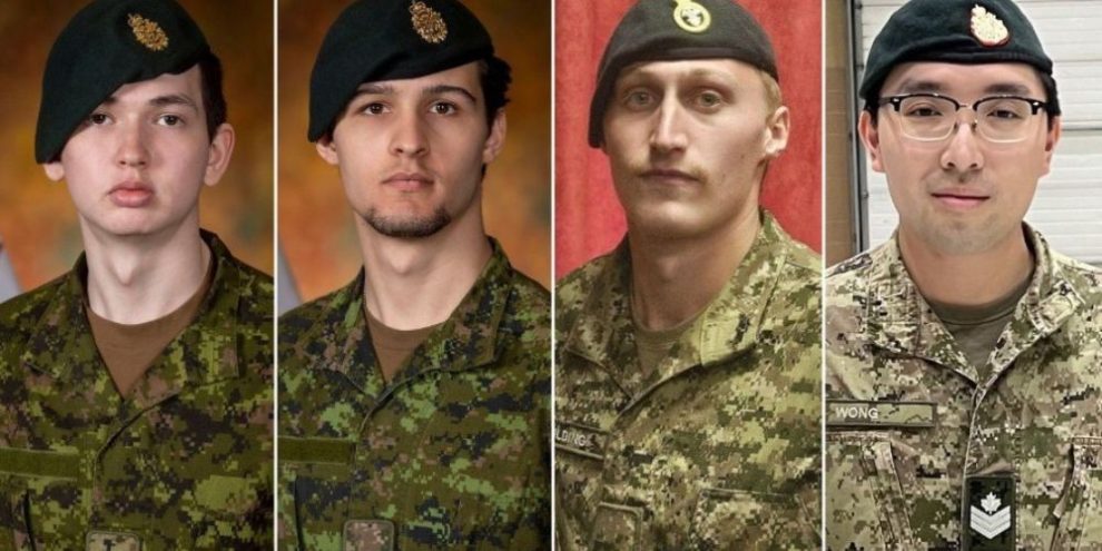 Composite of four Canadian Armed Forces members who died during a training exercise at CFB Wainwright: Pte. Hayden Lykkemark, Pte. Shaun Farrell, Pte. Aidan Goulding and Sgt. Morgan Wong.