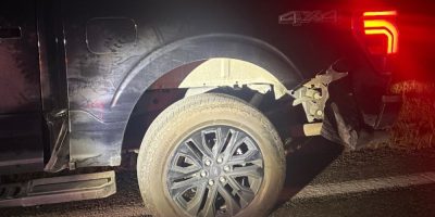 Pickup truck damaged after colliding with a deer near Reid and McKay roads in Barrie on October 15, 2026.