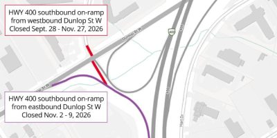Map showing the planned Highway 400 southbound on-ramp closure at Dunlop Street West in Barrie.