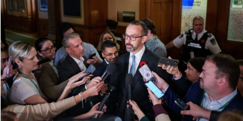 Ontario Colleges and Universities Minister Nolan Quinn speaks to reporters at Queen’s Park in Toronto on October 27, 2026.