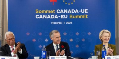 Prime Minister Mark Carney with European Council President Antonio Costa and European Commission President Ursula von der Leyen at the Canada-EU Summit in Montreal.