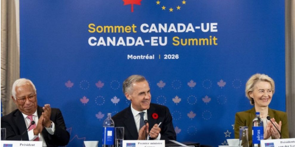 Prime Minister Mark Carney with European Council President Antonio Costa and European Commission President Ursula von der Leyen at the Canada-EU Summit in Montreal.