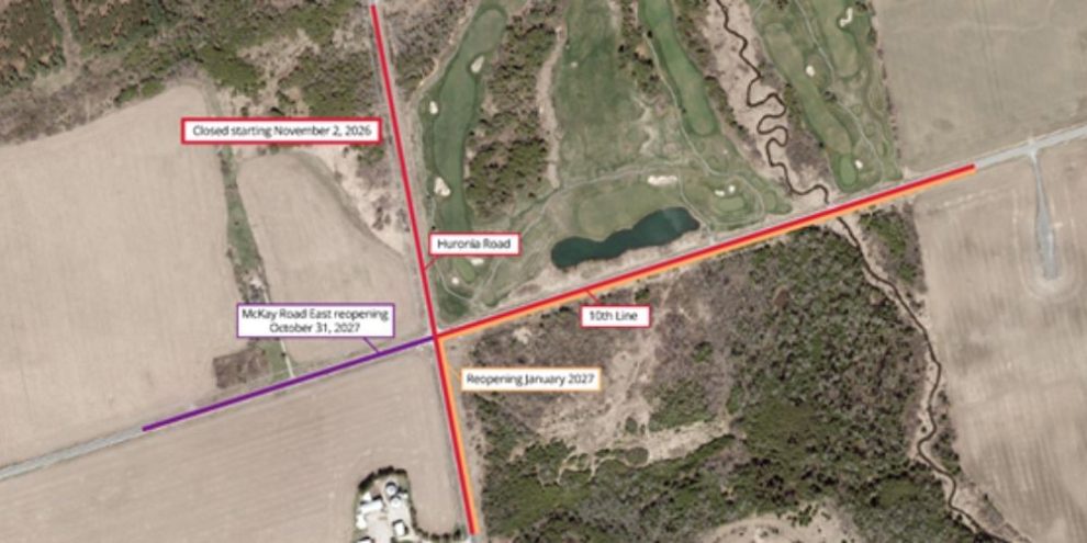 Map showing the McKay Road and Huronia Road intersection closure in south Barrie.