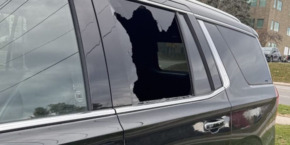 Smashed rear driver's-side window of a vehicle in a Cundles Road East parking lot in Barrie on October 29, 2026.
