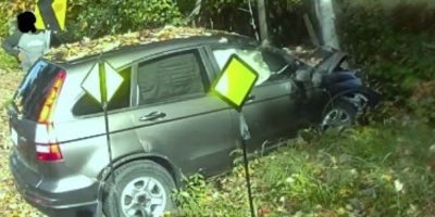Vehicle struck a tree in a school zone on Cedar Lane in Bracebridge on Oct. 6, 2026.