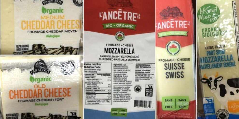 Composite image of Farm Boy, L’Ancêtre and Life Smart organic cheese products included in a listeria recall.