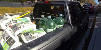 Pickup truck carrying a heavy load of cement bags stopped by Barrie Police on Blake Street on October 27, 2026.